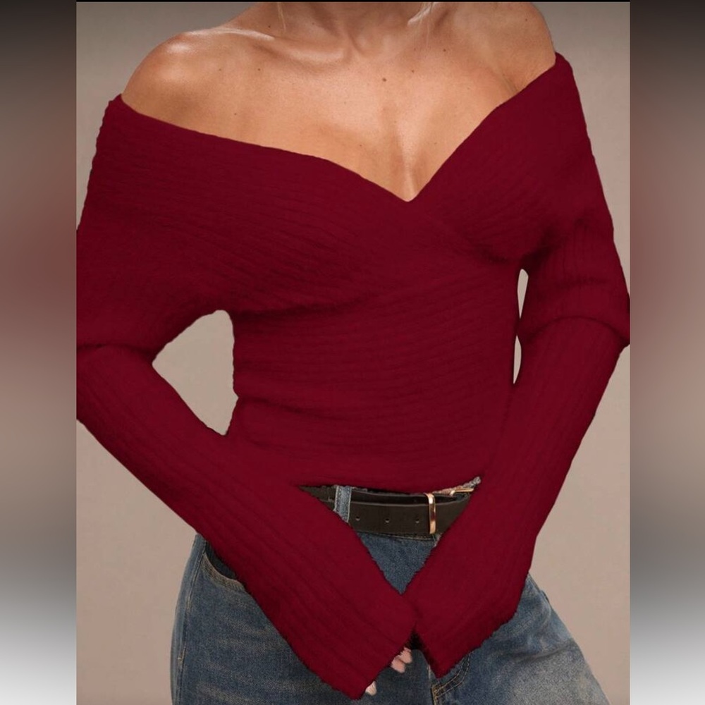 Off-Shoulder Ribbed Sweater Top - Burgundy